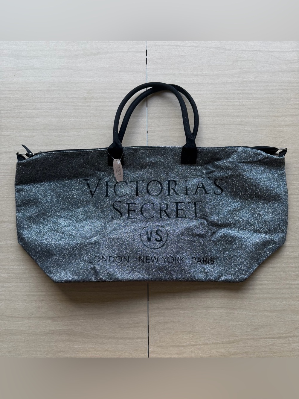 Victoria's Secret Silver Glitter Tote Bag with Black Handles